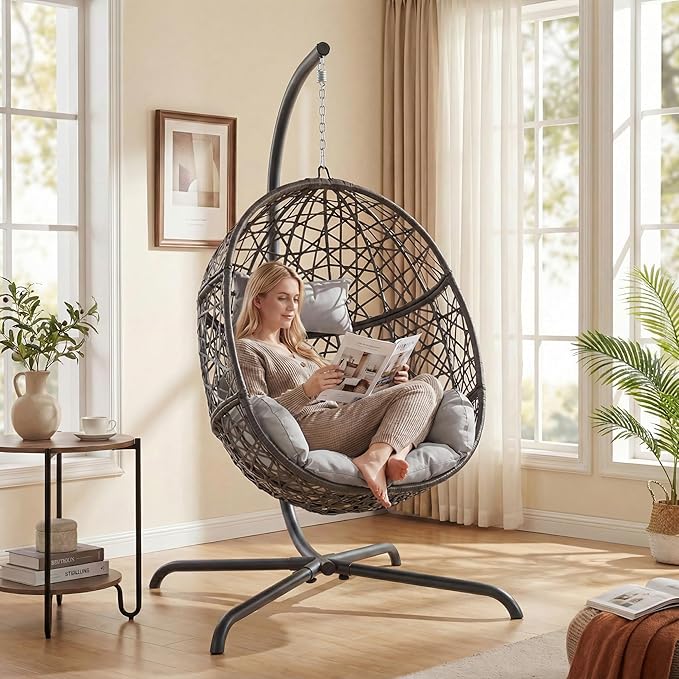 NICESOUL Bird Cage Swing Egg Chair UV/Water-Resistant 450lbs Capacity Wicker Swinging Chairs with Stand Comfy Oversized Hanging Seat w/Cushion Metal Frame &amp Cover for Indoor Outdoor Light Grey