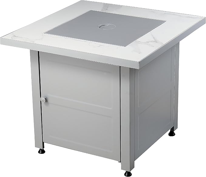 Endless Summer 30 Inch Square Outdoor Gas Fire Pit Table with Marble Mantel Slate Finish White Fire Glass and Protective Cover