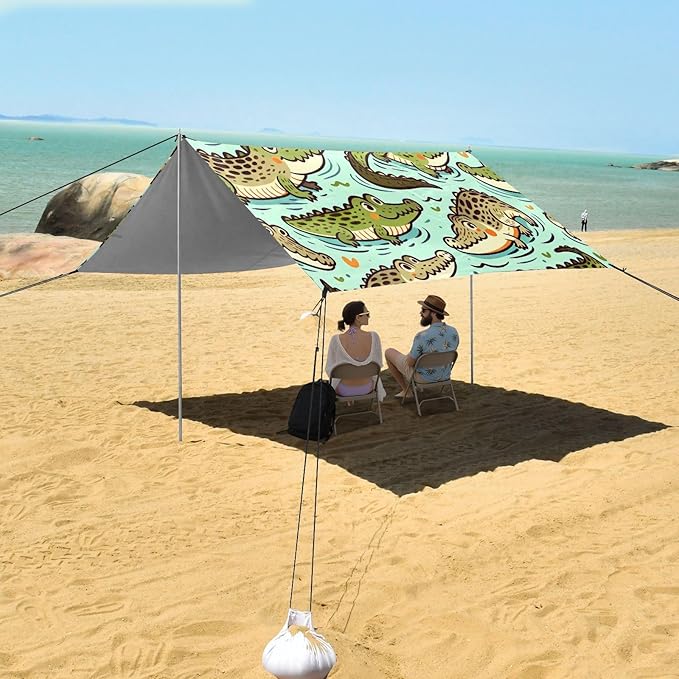 Cartoon Crocodiles Beach Tent Sun Shelter Set UPF50+ UV Protection 10.5 x 9.19 FT Camping Shade Canopy with Sandbags Sand Anchors Carrying Bag and Others