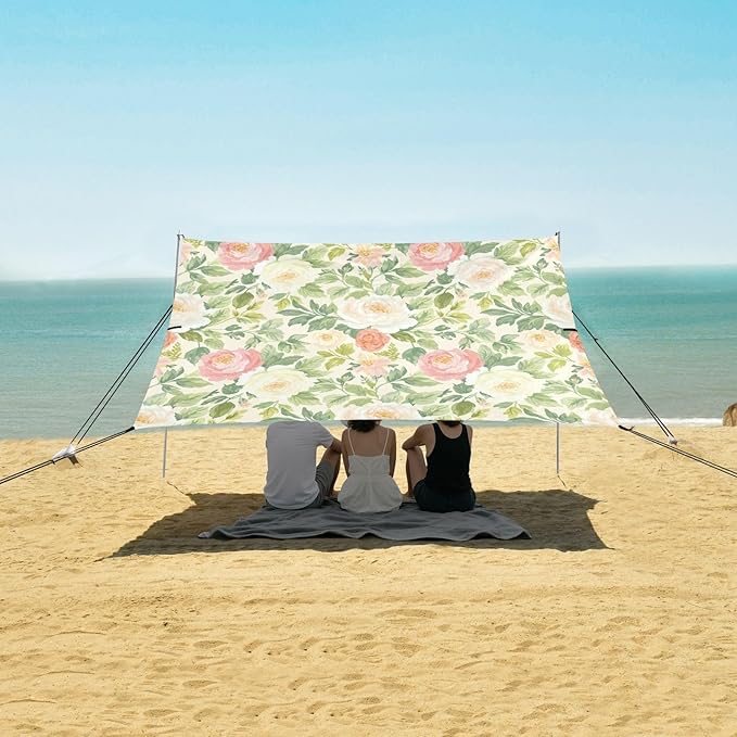xigua Wildflowers Beach Tent Sun Shelter with Carrying Bag - Silver Coated Oxford Fabric Beach Canopy for Beach Camping Fishing - Includes Windproof Ropes Sandbags &amp Stakes