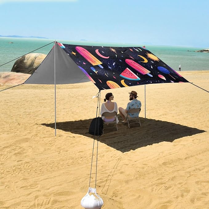 ALAZA Rainbow Popsicle Watermelon Moon Beach Tent Sun Shelter UPF50+ Protection Beach Shade Canopy w/ 4 Sandbags for Outdoor Camping Fishing Backyard Fun Picnic 10x9 ft