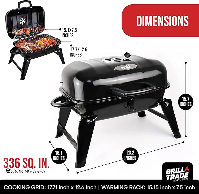 Grill Trade Portable Charcoal Grill - Mini BBQ Grill - Small Table Top Charcoal Grill for Camping Outdoor Cooking - Foldable Camping Grill for Picnics Tailgating and Backyard Grilling