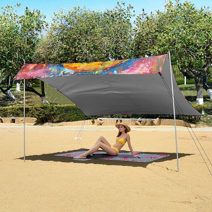 ALAZA Rainbow Peace Sign Beach Tent Sun Shelter UPF50+ Protection Beach Shade Canopy w/ 4 Sandbags for Outdoor Camping Fishing Backyard Fun Picnic 10x9 ft