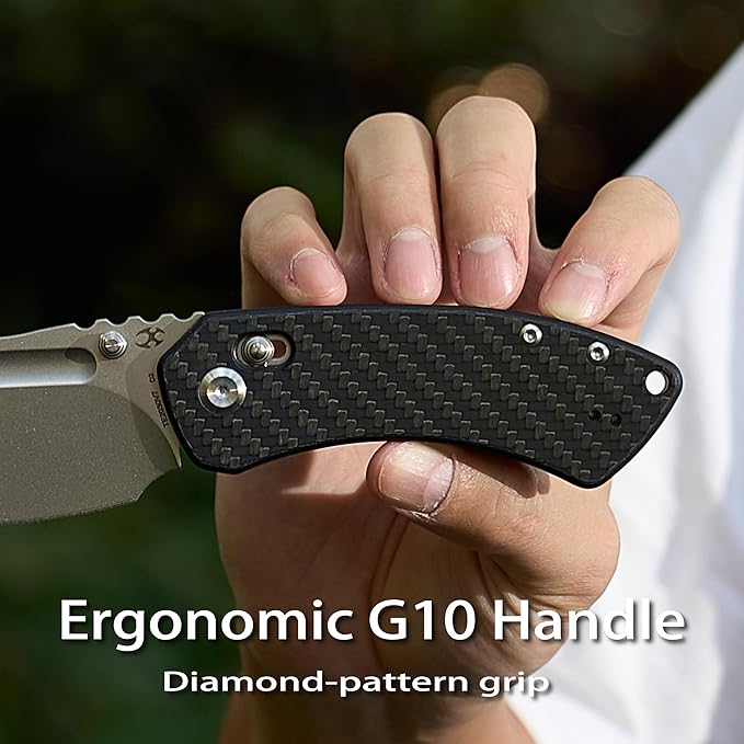 KANSEPT Korvid V Pocket Knife 2.91'' America Stonewashed D2 Blade Twill Carbon Fiber Handle Thumb Stud with Crossbar Lock Double Sided Clip for EDC Camping Folding Knives TE2030V7