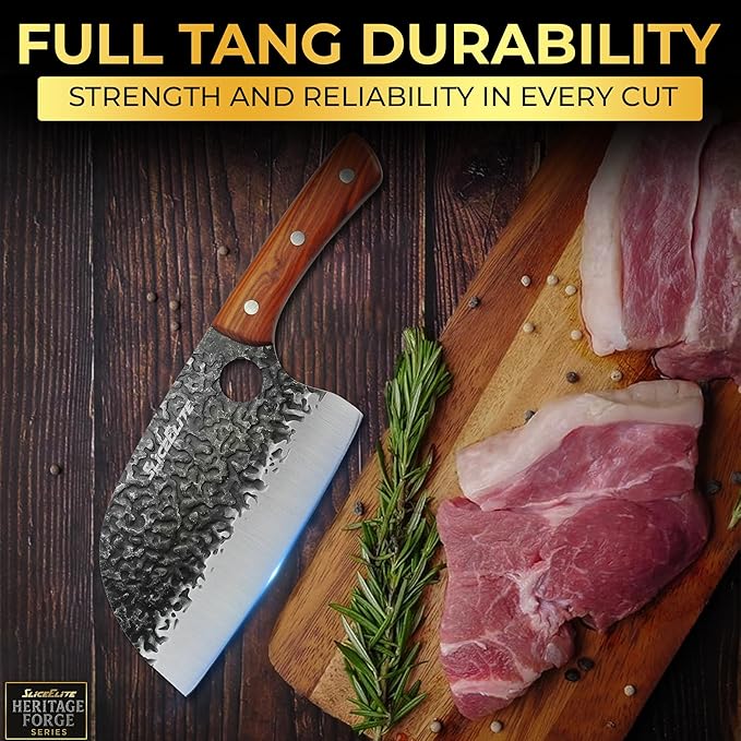 SliceElite Heritage Forge 3 Piece Butcher Knife Set Serbian Chef Meat Cleaver Viking Knife High Carbon Stainless Steel Full Tang Sandalwood Handle BBQ Grilling Camping Cooking Gift Set For Men &amp W