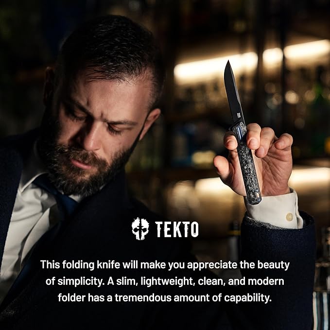 TEKTO F2 Bravo Folding Pocket Knife - D2 Steel Blade Ceramic Ball Bearings - EDC - Snap Swift Flip for Camping Backpacking - 2.4oz (68g) G10 Forged Carbon Handle Blue Titanium Accents