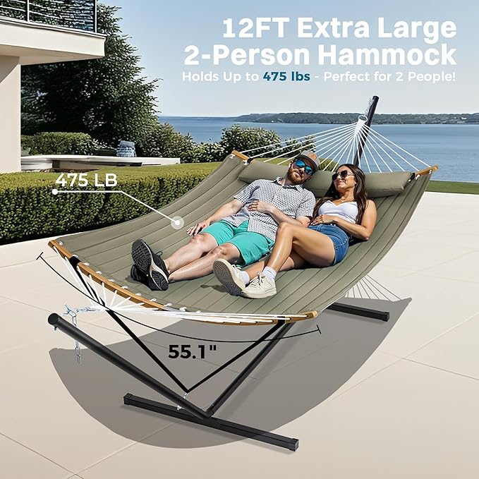 SUPERJARE Curved-Bar Hammock with Stand 2 Person Heavy Duty Hammock Frame Detachable Pillow &amp Portable Carrying Bag Perfect for Outdoor &amp Indoor Olive Gray