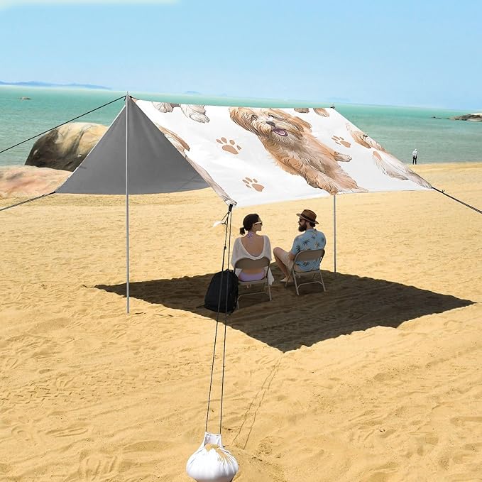 ALAZA Happy Dogs Puppy Paw Prints Beach Tent Sun Shelter UPF50+ Protection Beach Shade Canopy w/ 4 Sandbags for Outdoor Camping Fishing Backyard Fun Picnic 10x9 ft