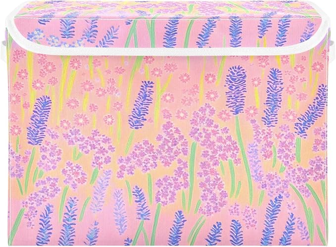 AIXIWAWA Lidded Storage Cube (Cartoon Lavender) Fabric Foldable Closet Bins with Flip Lid and Handles Organizer Basket Container 16.5 x 12.6 x 11.8 IN