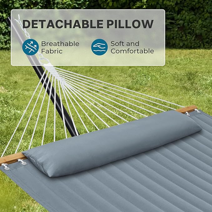 SUPERJARE Hammock with Stand 2 Person Quilted Outdoor Hammock Detachable Pillow &amp Bamboo Spreaders Portable Hammock with Carrying Bag Heavy Duty Stand Perfect for Outside Patio Neutral Gray