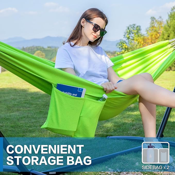 PNAEUT Double Hammocks with Stand for Outside Portable Space Saving Heavy-Duty Steel Stand for Indoor Outdoor Patio with Carrying Bag 450 lbs Capacity (Green)