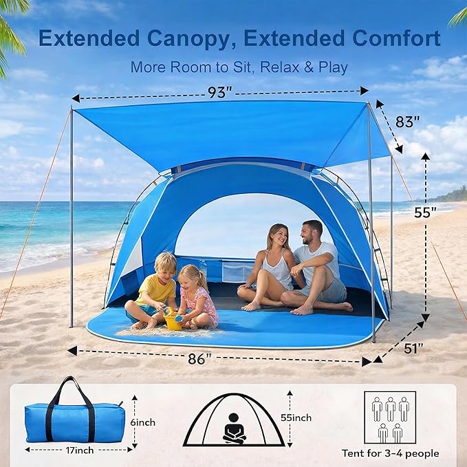Beach Tent Portable Sun Shelter for 2/3/4/6-8 Person with UPF 50+ UV Protection Easy Setup Waterproof Beach Shade Canopy Cabana for Family Outdoor and Picnics Fishing with Carrying Bag