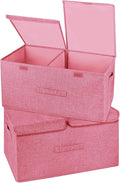2 Pack Storage Boxes with Lids and Handles Collapsible Linen Storage Bins Organizer Containers Baskets Cube with Removable Divider for Home Bedroom Closet Office (Pink Large)