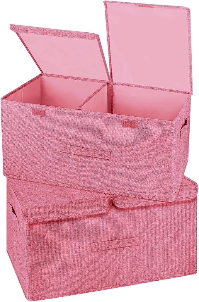 2 Pack Storage Boxes with Lids and Handles Collapsible Linen Storage Bins Organizer Containers Baskets Cube with Removable Divider for Home Bedroom Closet Office (Pink Large)