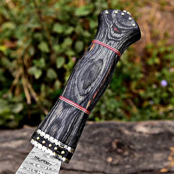 MR. CRAFT Custom Handmade Traditional Kukri Damascus Steel Fixed Blade Knife With Sheath Full Tang Heavy Duty Camping Knives - Gifts for Men (Black Wood &amp Brass Studs)