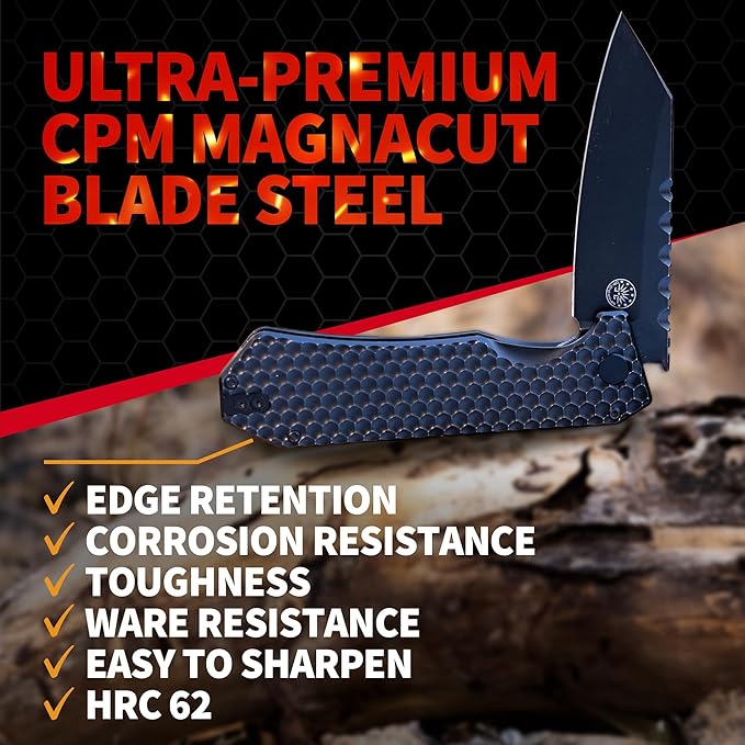 Off-Grid Knives - MAMBA V3 Large EDC Knife with MagnaCut Blade Steel Titanium Scales and Hardware Manual Ball Bearing Flipper Four Finger Grip Deep Pocket Carry (Blackout)