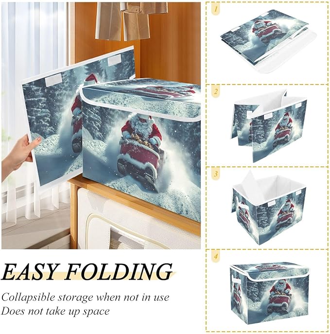 Storage Cube with Lid Skating Santa Christmas Print 16.5×12.6×11.8 IN Collapsible Large Capacity Foldable Storage Basket Bin Organizer
