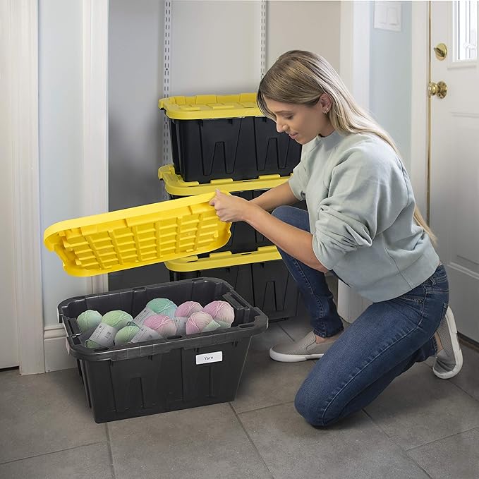 CX BLACK &amp YELLOW 12-Gallon Heavy Duty Storage Bins with Lids Stackable Plastic Storage Bins with Weather-Resistant Design Home Organization 4 Pack (12.51H x 16.3W x 21.8D)