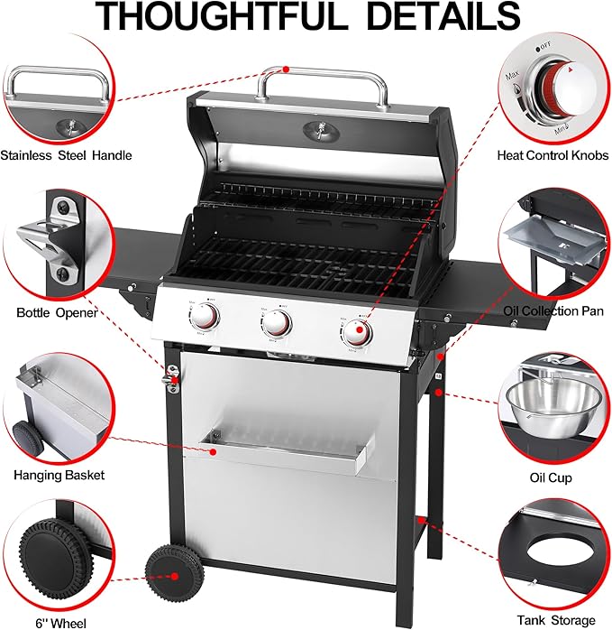 3-Burner Propane Gas Grill with Stainless Steel Cabinet - Outdoor BBQ Grill Side Table Knob Controls Cast Iron Grates &amp Thermometer