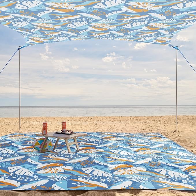WEKAPO Beach Tent Sun Shelter - Easy Setup Beach Canopy with 4 Sturdy Poles Extra Large Sandbags and Shovel 7'8'' Tall Windproof Sun Shade for Backyard and Camping UPF 50+ Protection