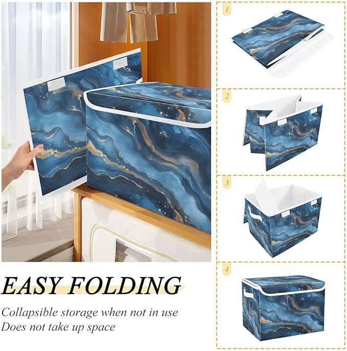 Gold Navy Blue Marble Storage Bins with Lids Foldable Storage Boxes Cube Closet Storage Baskets Container Organizers for Home Bedroom Office