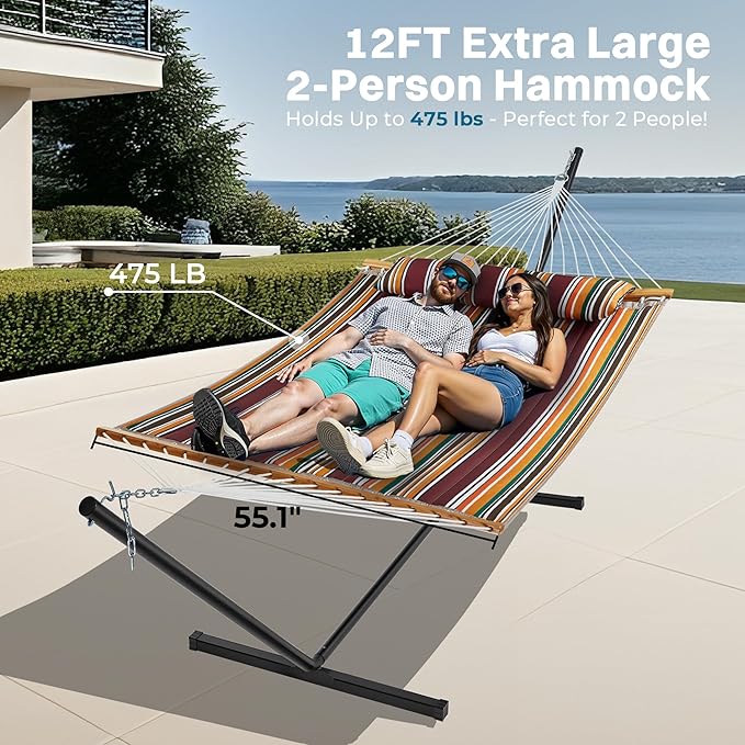 SUPERJARE Hammock with Stand 2 Person Quilted Outdoor Hammock Detachable Pillow &amp Bamboo Spreaders Portable Hammock with Carrying Bag Heavy Duty Stand Perfect for Outside Patio Maple-Leaf R