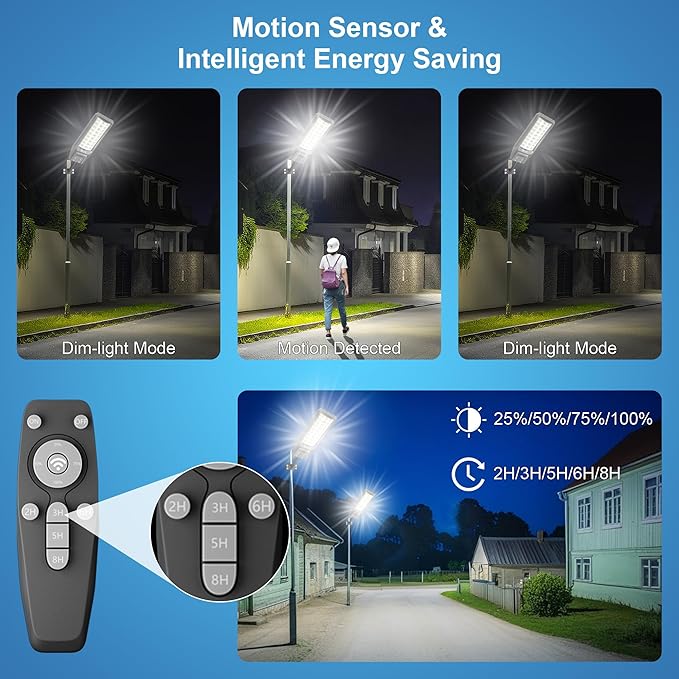 9500W Solar Street Light Outdoor Waterproof 250000LM Large Commercial Light Solar Powered Dusk to Dawn LED Security Flood Lights with Remote/Motion Sensor IP67 for Parking Lot/Garden/Yard