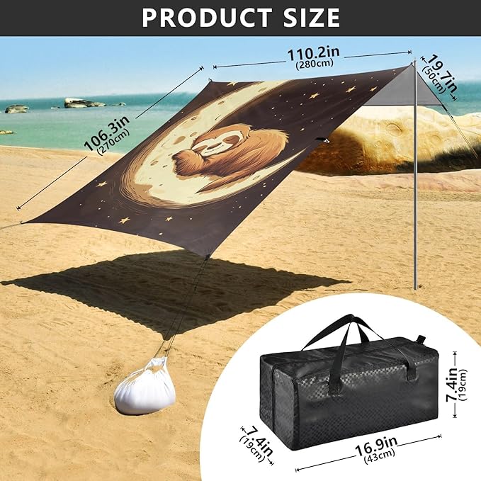 ALAZA Sloth Moon Stars Beach Tent Sun Shelter Portable Canopy Sunshade for Outdoor Camping Picnics Backyard Fun 10x9 ft