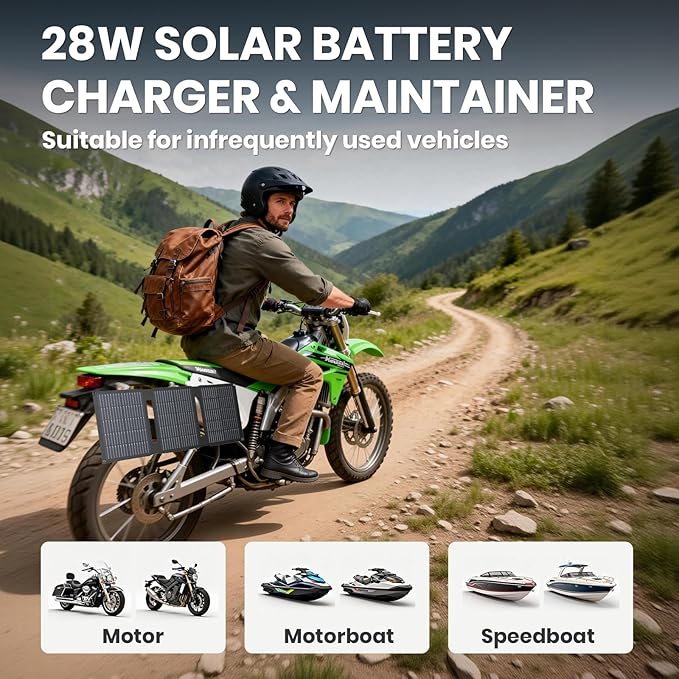 FlexSolar 28W 12V Portable Solar Panel Battery Charger Maintainer Kits Trickle Charger with Built-in Charge Controller Cig Plug Alligator Clips O-Rings OBDII Connector for Car TruckTractor Boat