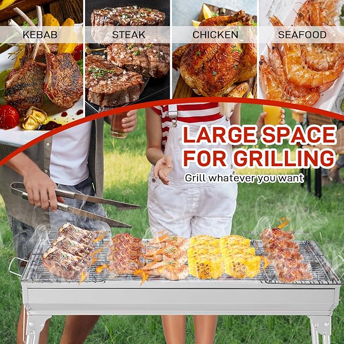 Outvita Portable Charcoal Grill 28x 13 x 27 Foldable Barbecue Grill Stainless Steel BBQ Grill for Outdoor Cooking Camping Hiking Picnic Garden Beach Party