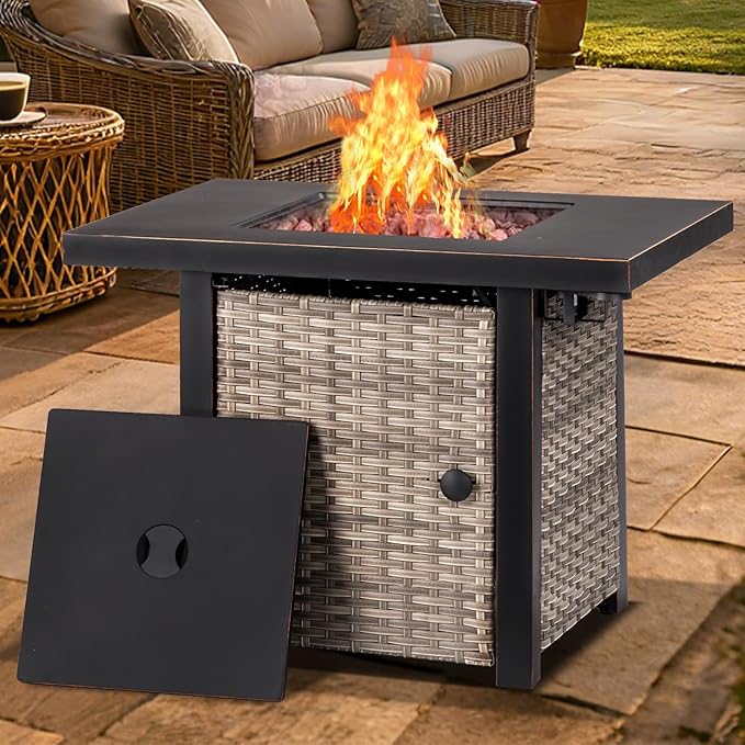 OutVue 32 Inch Propane Fire Pit Table Outdoor Gas Fire Pits with 2 Drink Holders Lid &amp Lava Rock 50000 BTU Firepit Table for Dinning Party in Outside Patio Garden or Yard