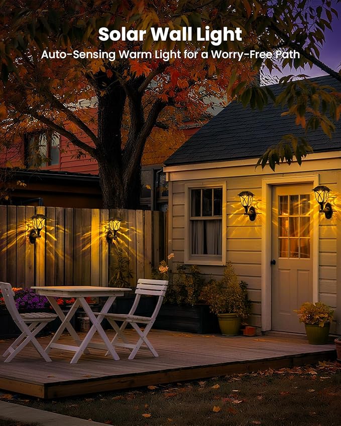 TISEJOY Solar Wall Lights Outdoor Waterproof Warm White Solar Powered Decorative Lights with Auto On/Off for Garden Fence Patio House Backyard Decor (4 Pack)