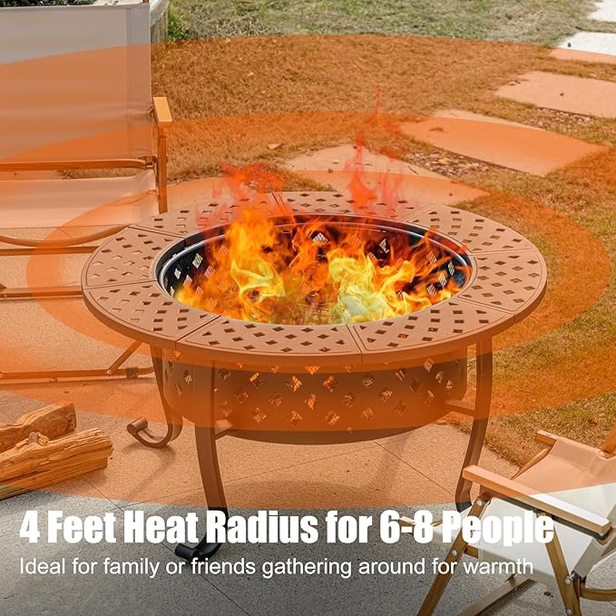 Panovue 36 Inch Fire Pit with 2 BBQ Grills Wood Burning Fire Pits for Outside with Lid &amp Fire Poker BBQ&amp Outdoor Firepit &amp Round Metal Table 3 in 1 for Patio Picnic Party