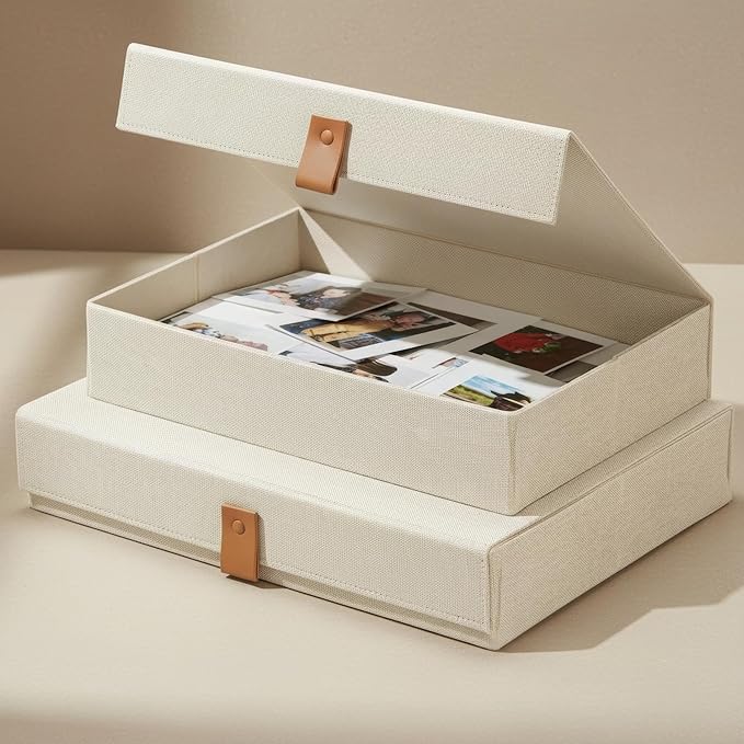 Decorative Photo Storage Boxes with Lids - Set of 2 Beautiful Linen Organizers Are Perfect to Safely Store Your Pictures Documents Scrapbooking Supplies Keepsakes and Other Memories in Style