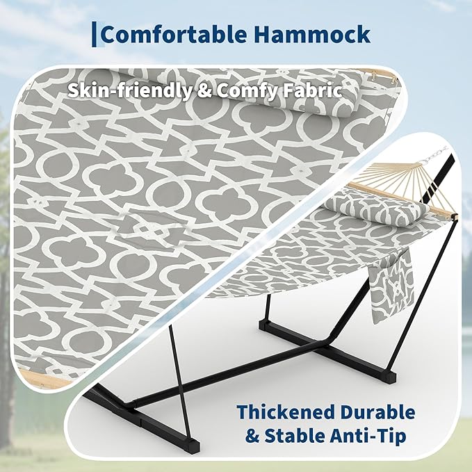 Double Hammock with Stand - Heavy Duty Portable 2 Person Design with Adjustable Steel Stand Max 450LBS Ideal for Outdoor Patio Garden Beach &amp Backyard