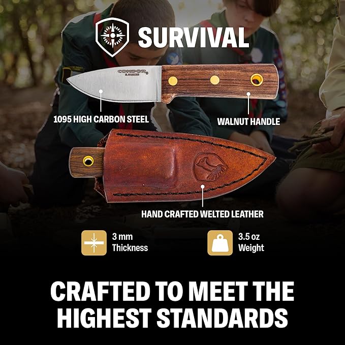 Condor Tool &amp Knife Compact Kephart Knife - 1095 High-Carbon Steel Blade - Ergonomic Walnut Handle - Premium Handcrafted Leather Sheath - Ideal for Survival Camping and Outdoor Adventures
