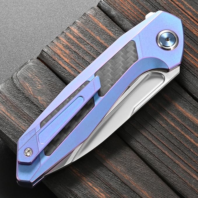 Sitivien ST996 Folding KnifeHandmade M390 Pearlescent Polishing BladeTitanium &amp Carbon Fiber Handle Pocket Knife for Outdoor CampingHikingHunting(Blue)