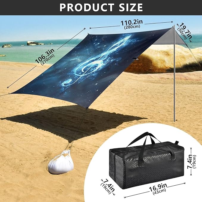 ALAZA Music Clef in Space Beach Tent Sun Shelter Portable Canopy Sunshade for Outdoor Camping Picnics Backyard Fun 10x9 ft
