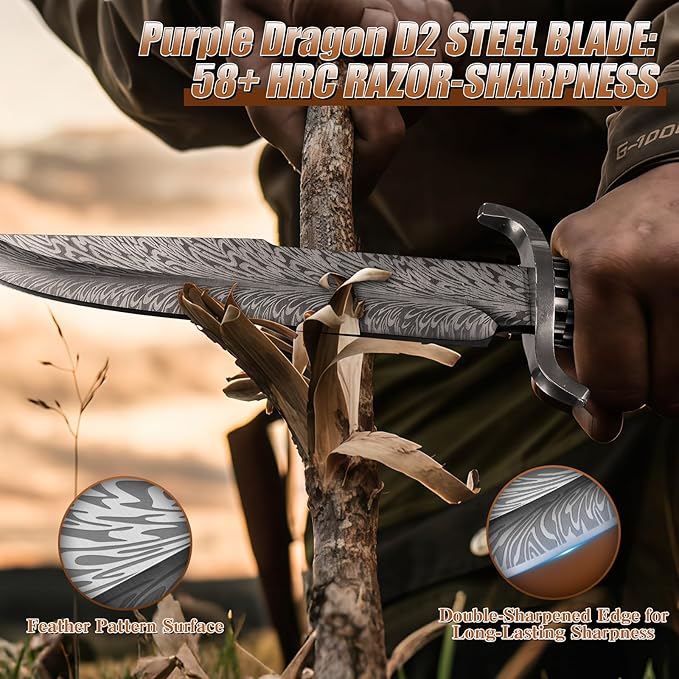 Purple Dragon Fixed Blade Knife with SheathCamping Knife with Damascus-Style Blade Pattern Damascus Knife with Green Pakkawood Handle for BushcraftSurvival&ampOutdoor Use