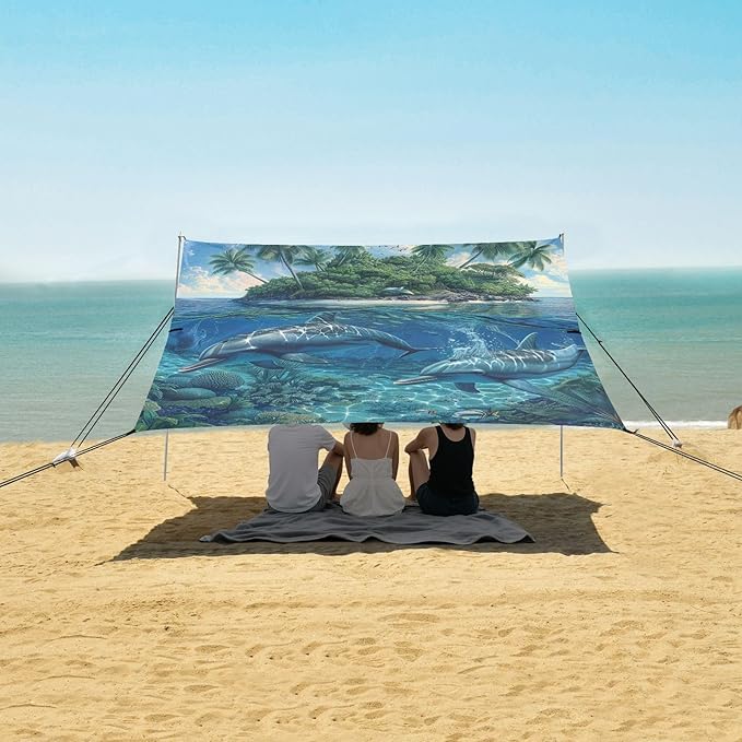 ALAZA Tropical Dolphins Island Beach Tent Sun Shelter Portable Canopy Sunshade for Outdoor Camping Picnics Backyard Fun 10x9 ft