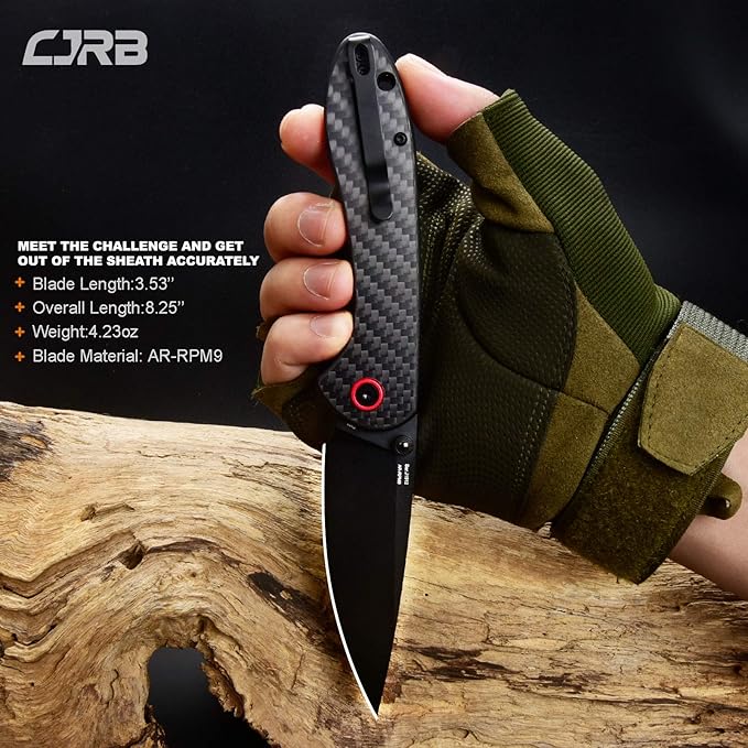 CJRB CUTLERY Folding Knife Feldspar(J1912) AR-RPM9 Powder Steel Black PVD Blade Carbon fiber Handle Pocket Knife EDC Knife Carbon Fiber Handle