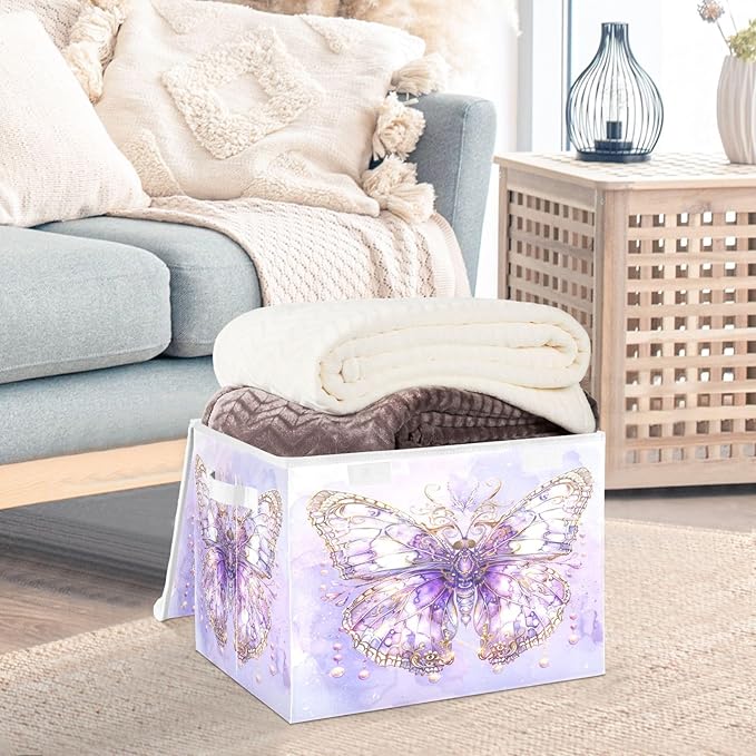 MNSRUU Containers Baskets with Lids Fantasy Purple Butterfly Foldable Storage Bins Organizer with Lid Collapsible Storage Boxes for Home Bedroom Closet Office