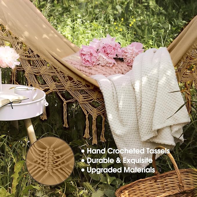 MOSFiATA Backyard Hammock with Tassels Max 500lbs Canvas Fabric Bohemian Style with Thickened Rope and Carry Bag for Outdoor Garden Patio Wedding Decor (Khaki)