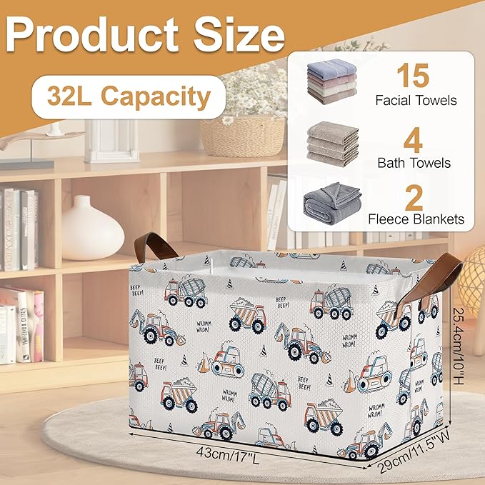 Storage Bin with Handles Cute Car Excavator Collapsible Laundry Baskets for Books Laundry - Use in Nursery Closet Organizers and Storage Blanket Basket
