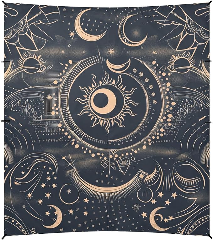 ALAZA Mystical Boho Geometric Sun Moon Stars Concentric Beach Tent Sun Shelter Portable Canopy Sunshade for Outdoor Camping Picnics Backyard Fun 10x9 ft