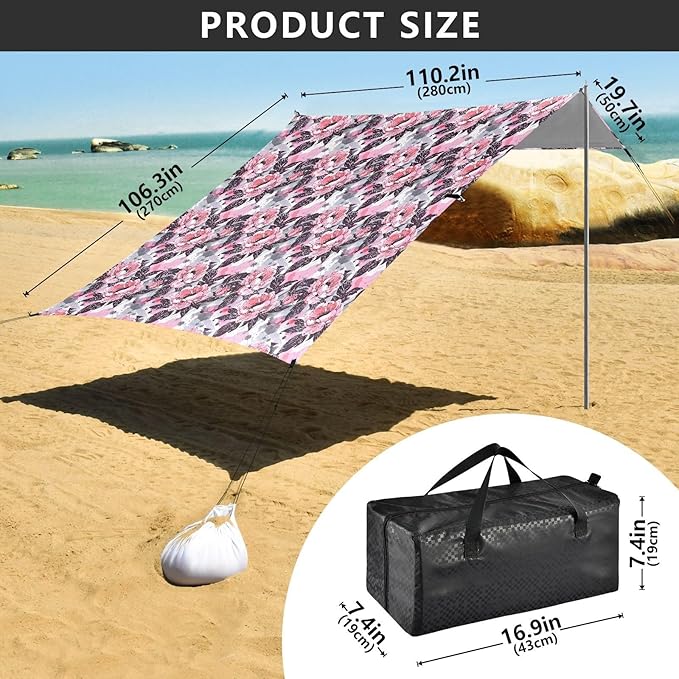 ALAZA Pink Peony Flower Watercolor Beach Tent Sun Shelter UPF50+ Protection Beach Shade Canopy w/ 4 Sandbags for Outdoor Camping Fishing Backyard Fun Picnic 10x9 ft