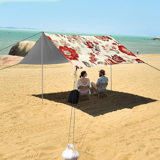 Vintage Floral Red Beach Tent Sun Shelter Set UPF50+ UV Protection 10.5 x 9.19 FT Camping Shade Canopy with Sandbags Sand Anchors Carrying Bag and Others