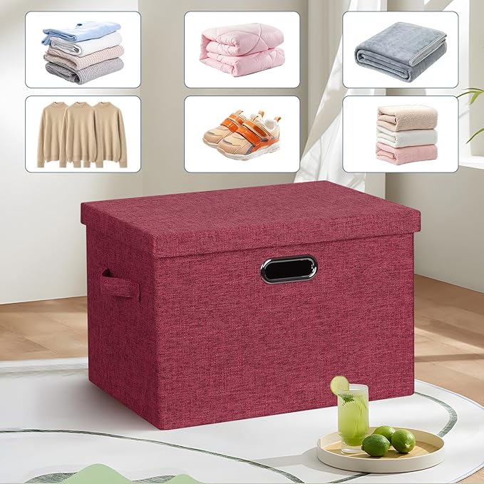 Graciadeco Large 17 36 Quart Collapsible Stackable Storage Bins with Lids 3 Packs Bright Red Linen Fabric Closet Boxes with Lids Storage Cube Baskets Container Organizers for Office (17x12x11)