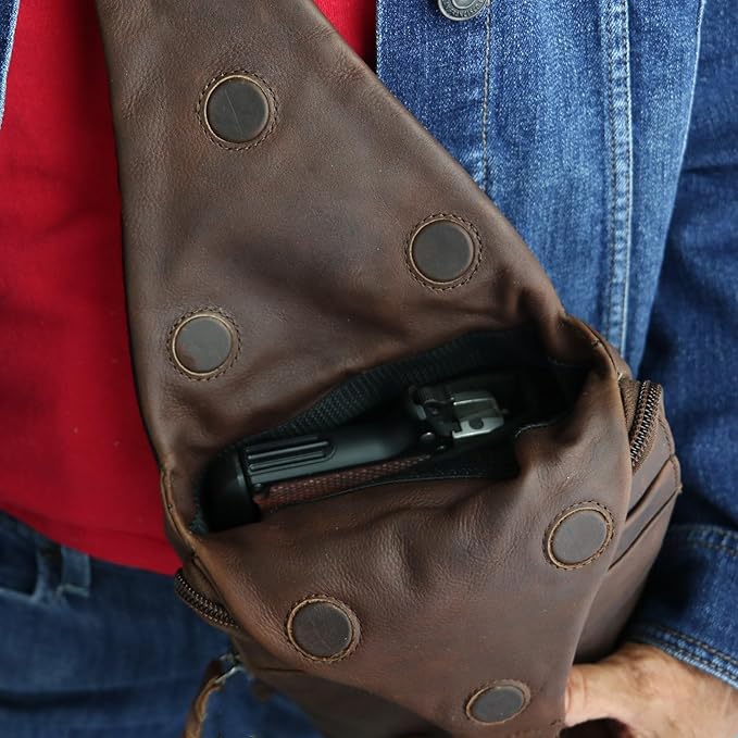 Lady Conceal - Dakota Unisex Leather Concealed Carry Sling Bag - Medium Frame Handgun - Concealment pockets with Magnetic Closure and Universal Holster Backpack (Dark Brown) - 7 L x 15 H x 2 D