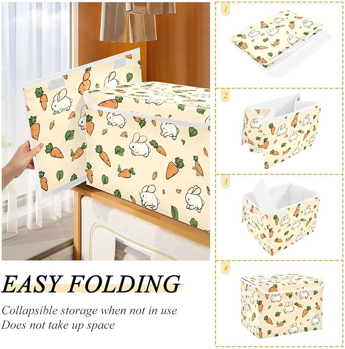 Light Yellow Rabbit Carrot Easter Storage Box with Lid 1 PC Foldable Storage Bin with Lids Stackable Storage Bins Cube Closet Organizer Basket with Flip-Top Lid &amp Handles for Shoes Books Towels